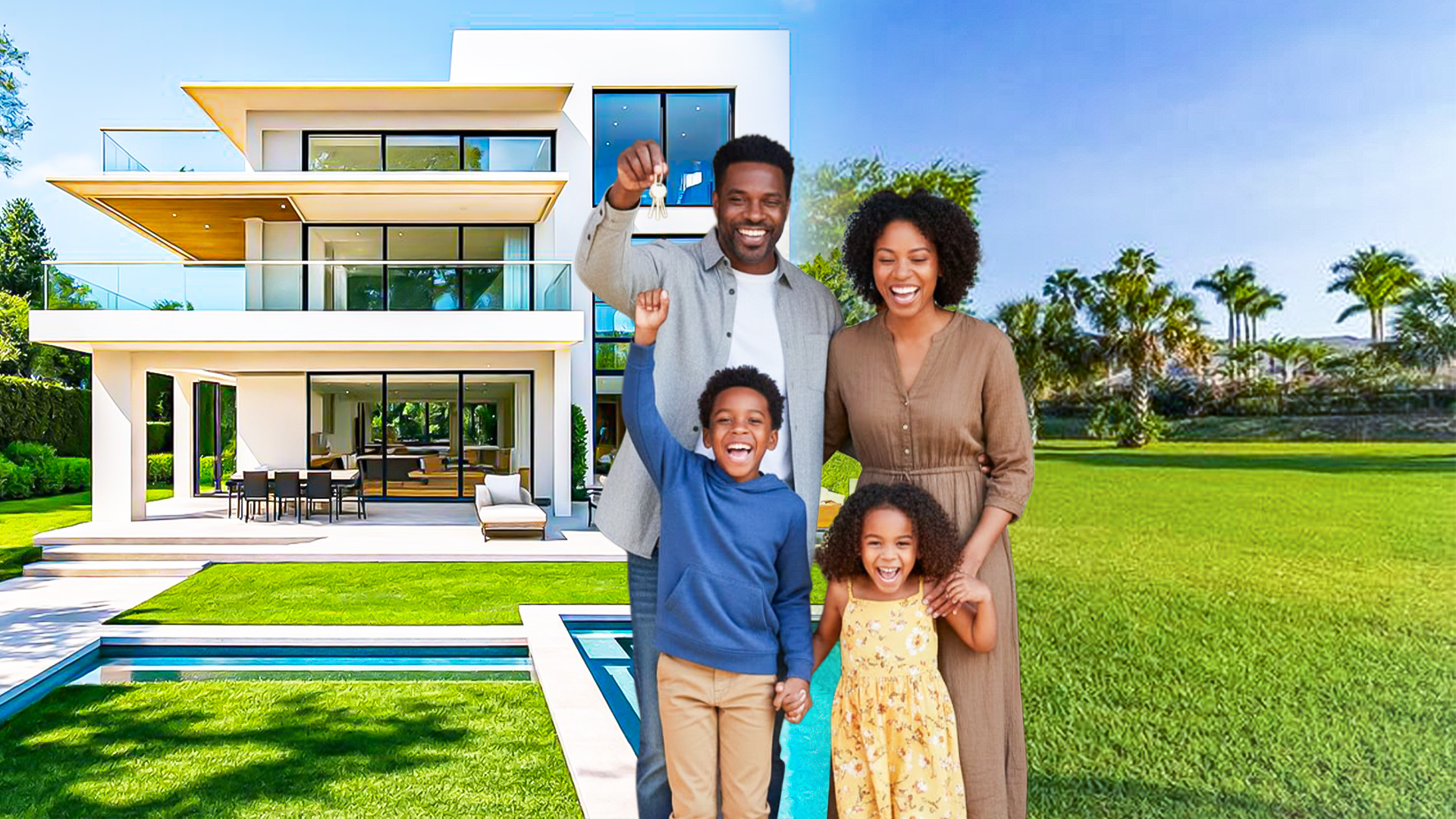 Famille recevant les clés de leur villa avec FirstClass Immobilier